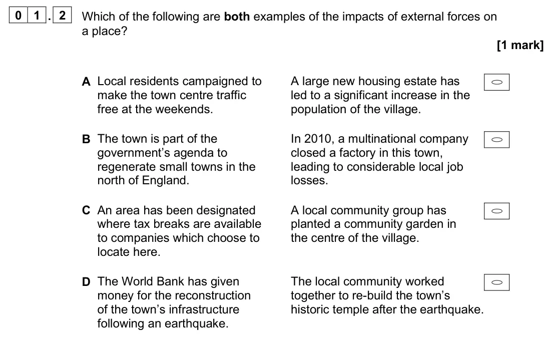 June 2024 AS Paper 2, question 01.2: Which of the following are both examples of the impacts of external forces on a place? [1 mark]