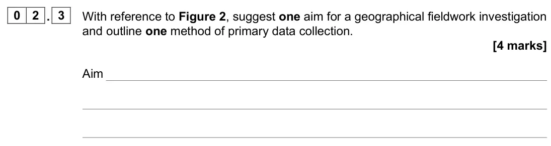 June 2024 AS Paper 2, question 02.3: With reference to Figure 2, suggest one aim for a geographical fieldwork investigation and outline one method of primary data collection. [4 marks]