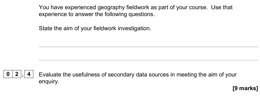 June 2024 AS Paper 2, question 02.4: Evaluate the usefulness of secondary data sources in meeting the aim of your enquiry. [9 marks]