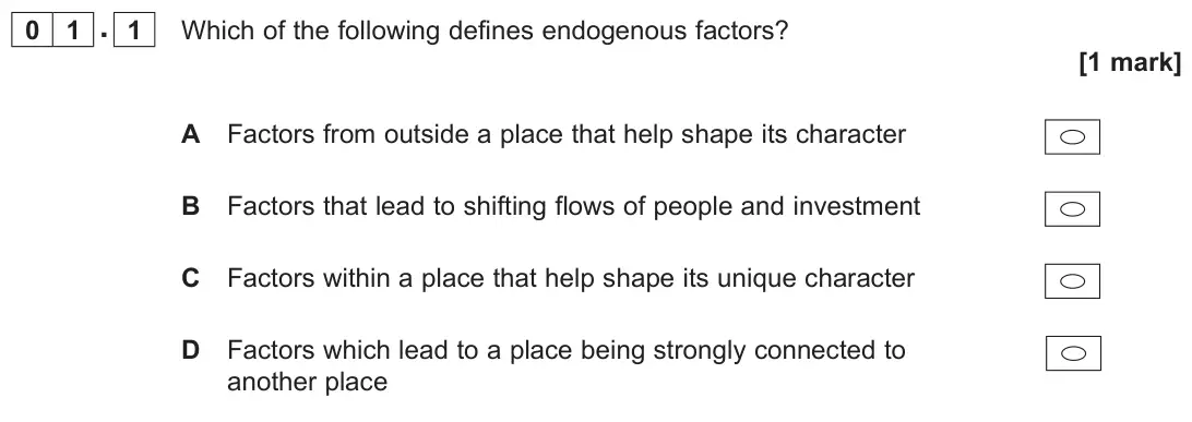 June 2025 AS Paper 2, question 01.1: Which of the following defines endogenous factors? [1 mark]