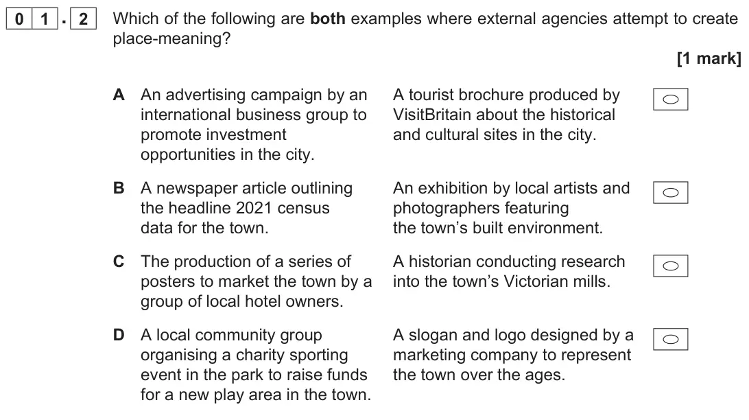 June 2025 AS Paper 2, question 01.2: Which of the following are both examples where external agencies attempt to create place-meaning? [1 mark]