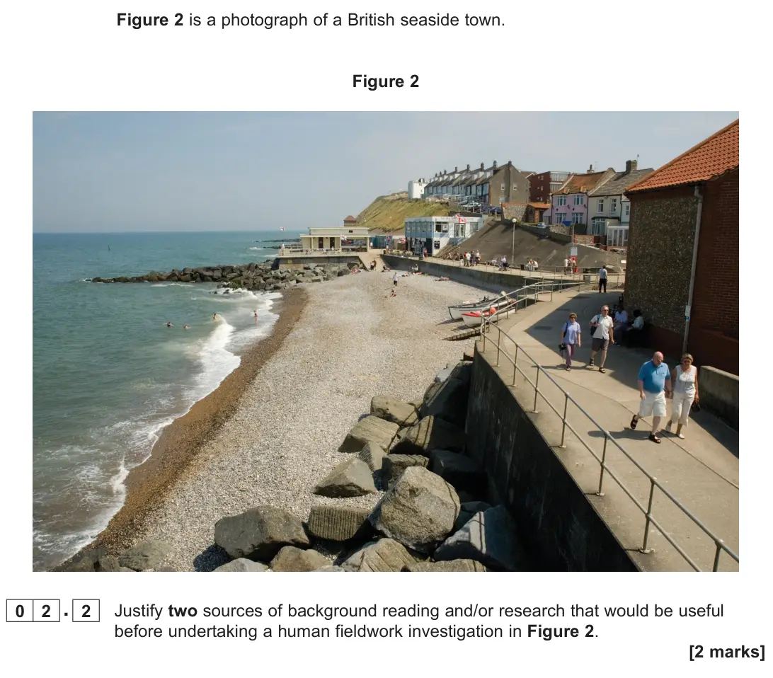 June 2025 AS Paper 2, question 02.2: Justify two sources of background reading and/or research that would be useful before undertaking a human fieldwork investigation in Figure 2. [2 marks]