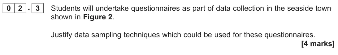 June 2025 AS Paper 2, question 02.3: Students will undertake questionnaires as part of data collection in the seaside town shown in Figure 2. Justify data sampling techniques which could be used fo