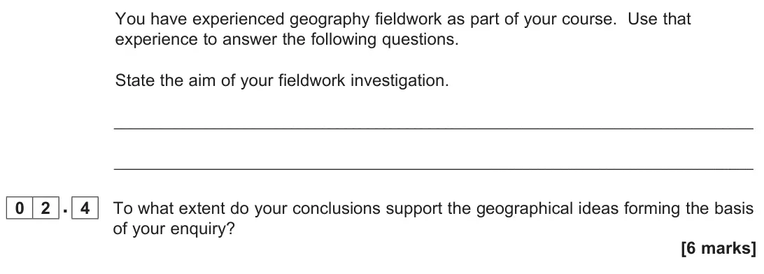 June 2025 AS Paper 2, question 02.4: To what extent do your conclusions support the geographical ideas forming the basis of your enquiry? [6 marks]
