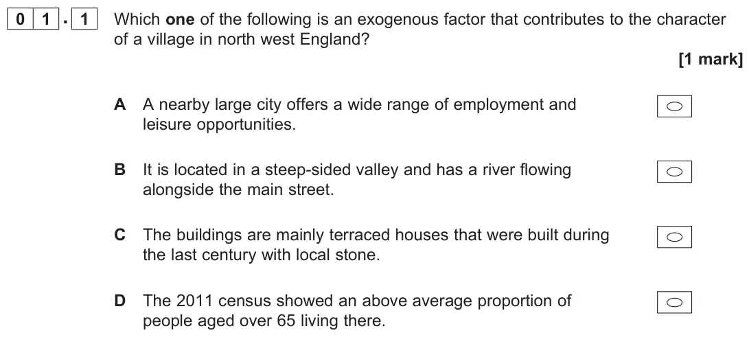 November 2020 AS Paper 2, question 01.1: Which one of the following is an exogenous factor that contributes to the character of a village in north west England? [1 mark]