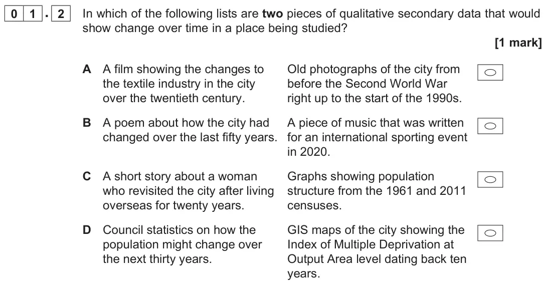November 2020 AS Paper 2, question 01.2: In which of the following lists are two pieces of qualitative secondary data that would show change over time in a place being studied? [1 mark]
