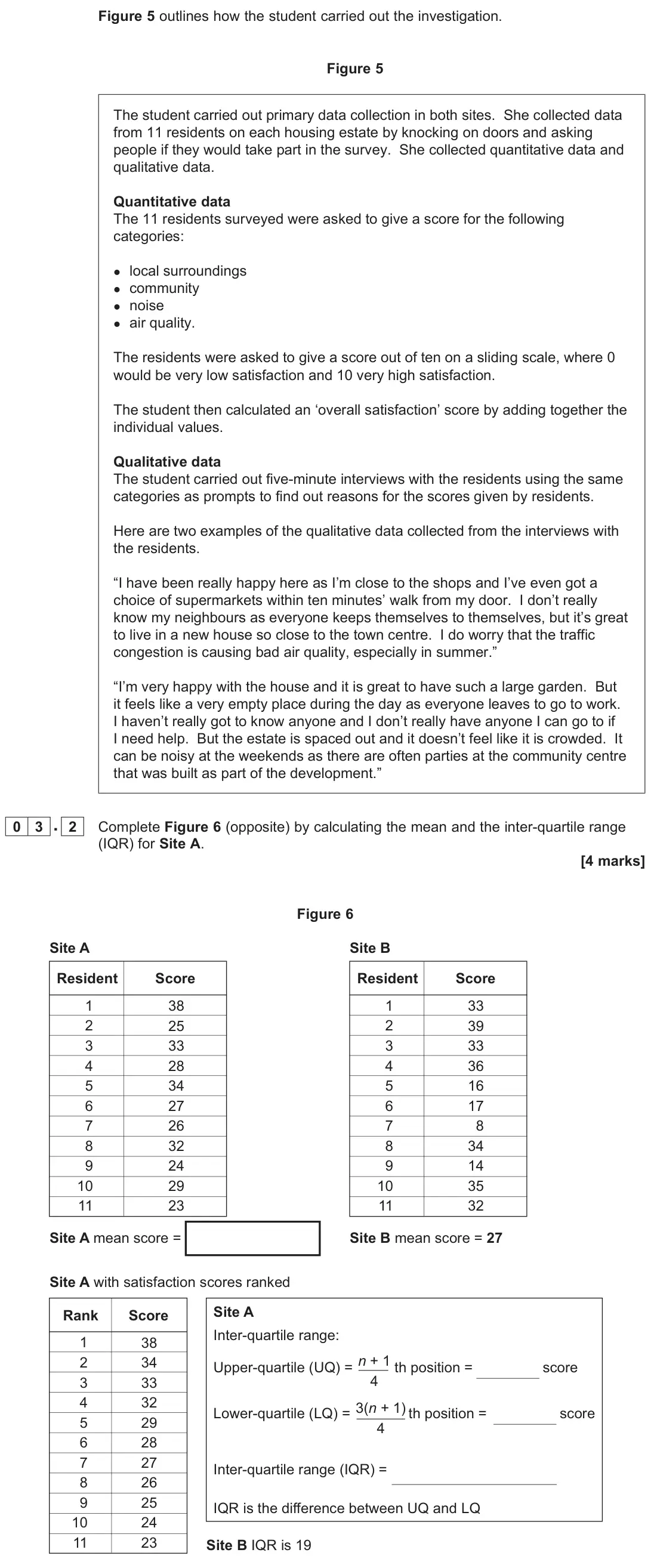 November 2020 AS Paper 2, question 03.2: 0 3 A student was planning a fieldwork investigation into place satisfaction in her local town. Figure 3 outlines the background to this investigation and the s