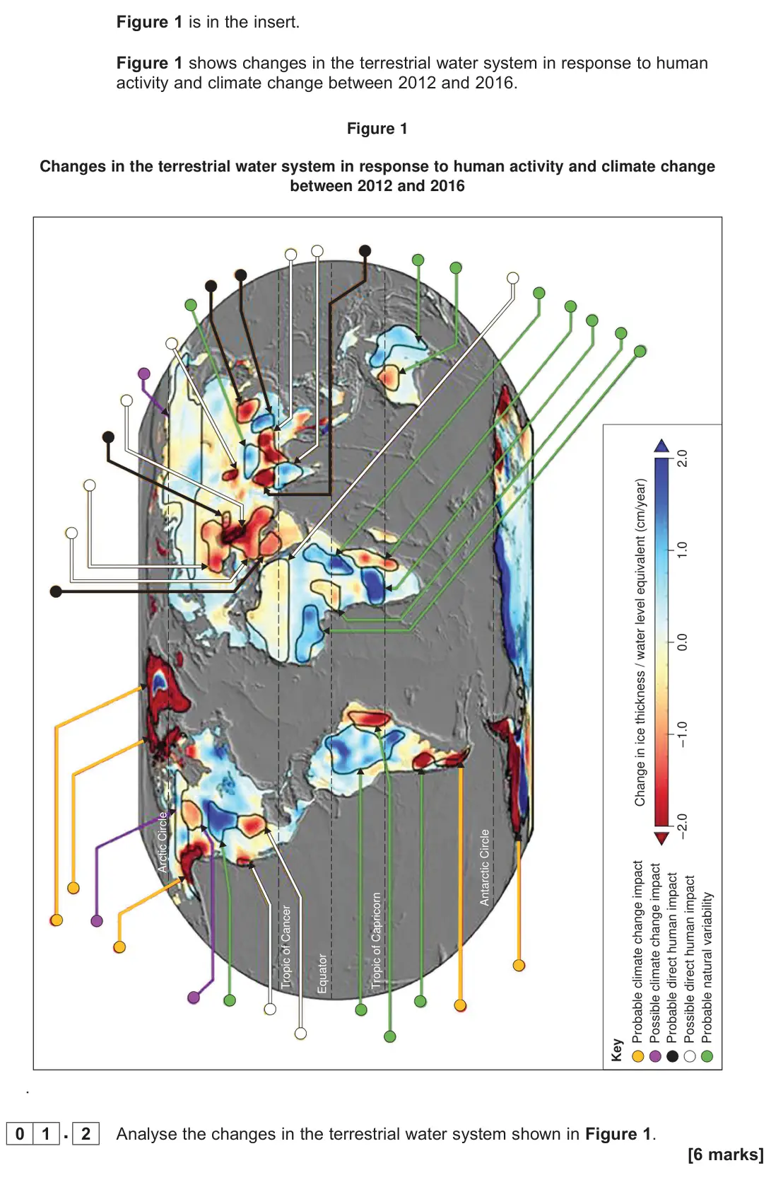 June 2022 Paper 1, question 01.2: Analyse the changes in the terrestrial water system shown in Figure 1. [6 marks]