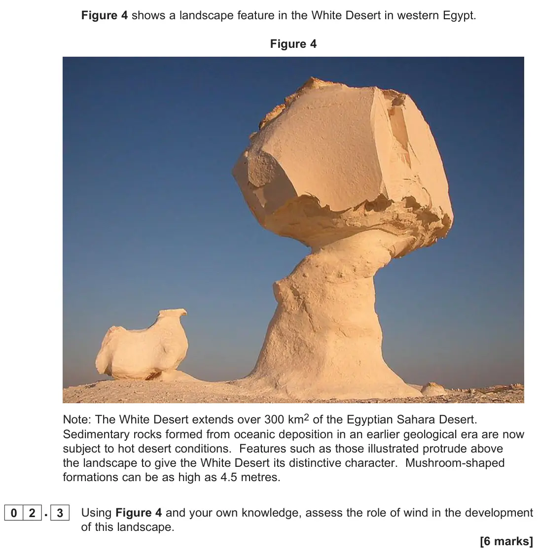 June 2022 Paper 1, question 02.3: Using Figure 4 and your own knowledge, assess the role of wind in the development of this landscape. [6 marks]