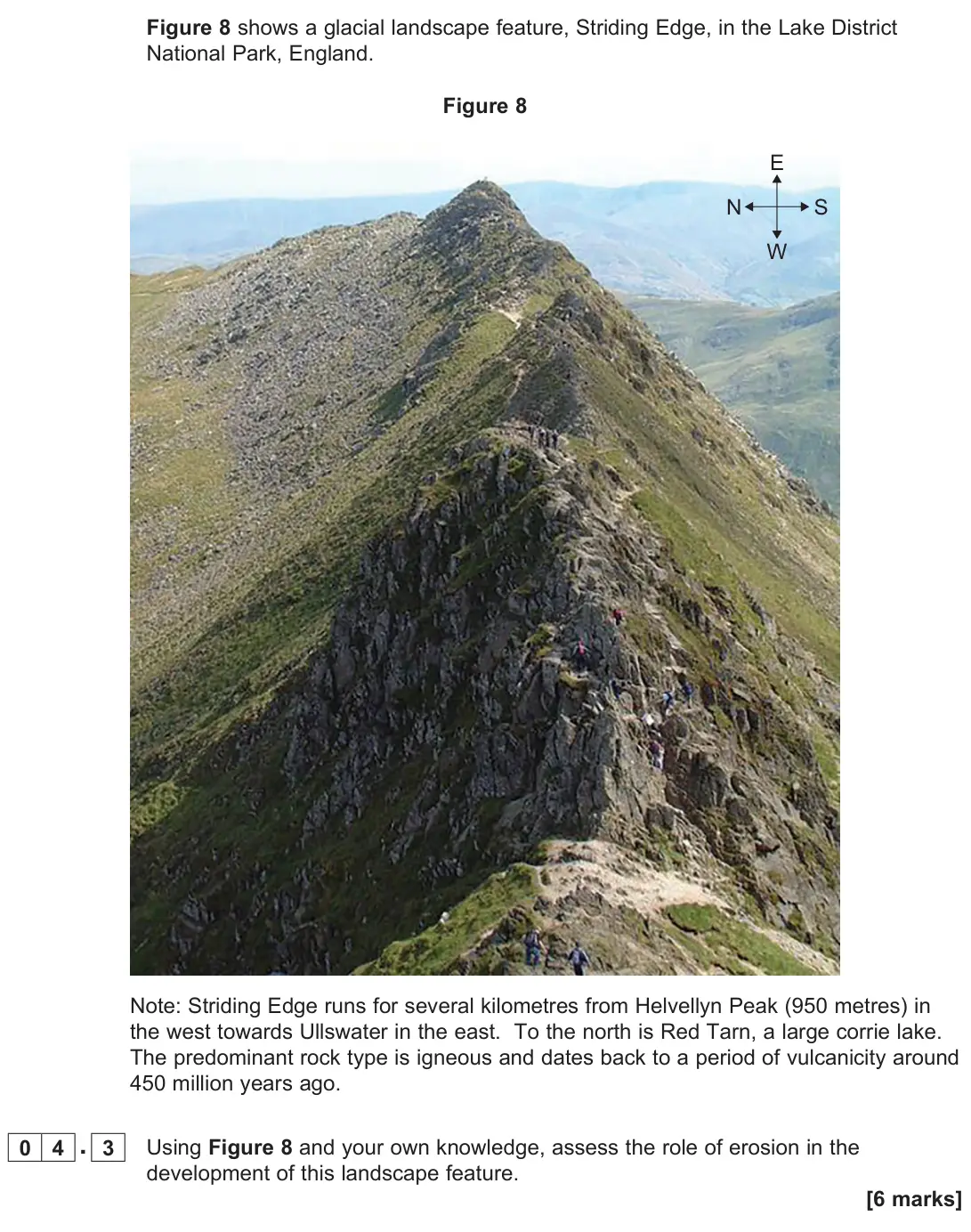 June 2022 Paper 1, question 04.3: Using Figure 8 and your own knowledge, assess the role of erosion in the development of this landscape feature. [6 marks]