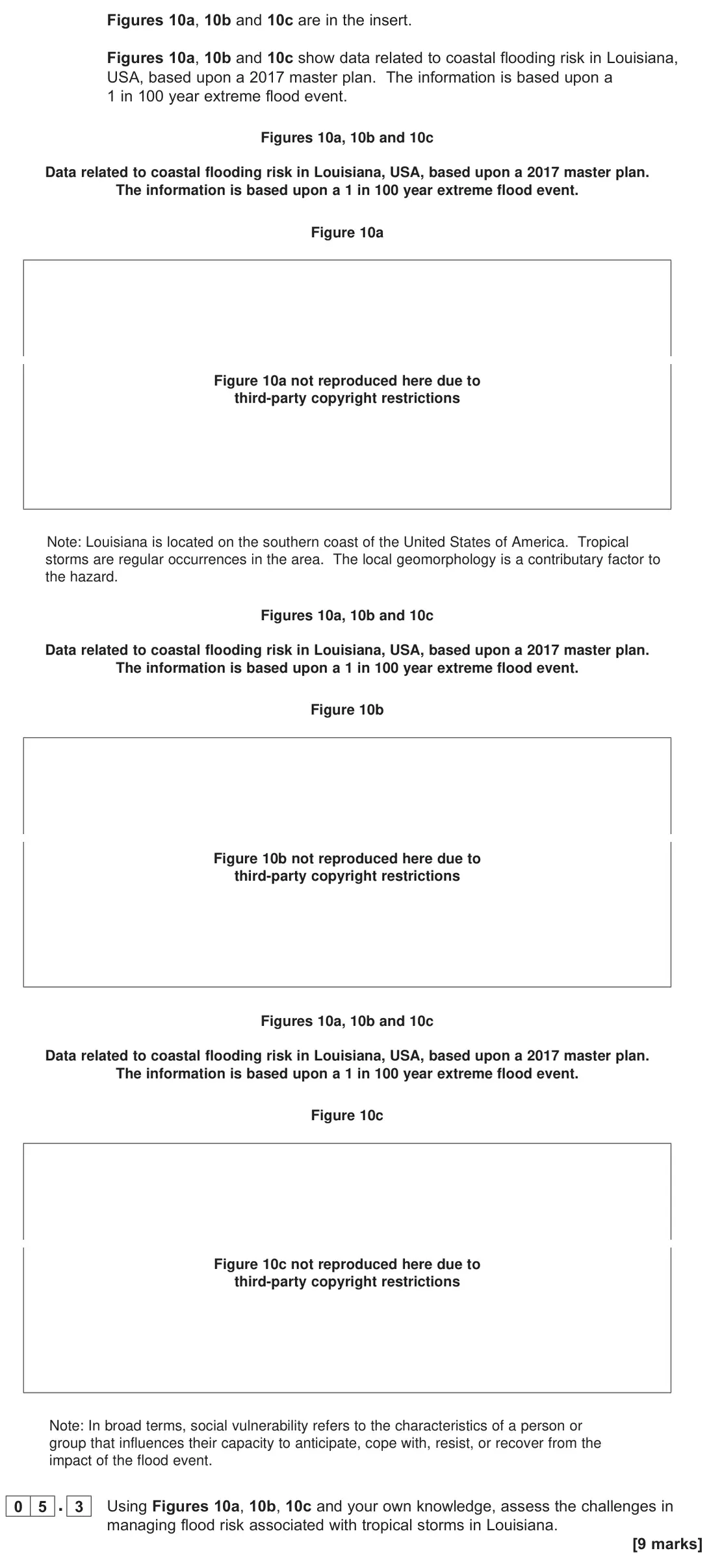 June 2022 Paper 1, question 05.3: Using Figures 10a, 10b, 10c and your own knowledge, assess the challenges in managing flood risk associated with tropical storms in Louisiana. [9 marks]