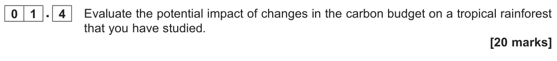 June 2023 Paper 1, question 01.4: Evaluate the potential impact of changes in the carbon budget on a tropical rainforest that you have studied. [20 marks]