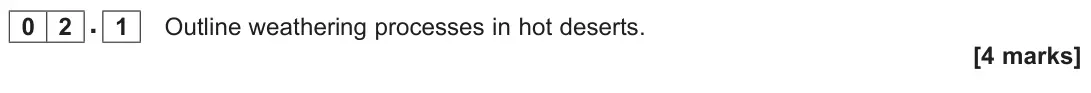 June 2023 Paper 1, question 02.1: Outline weathering processes in hot deserts. [4 marks]