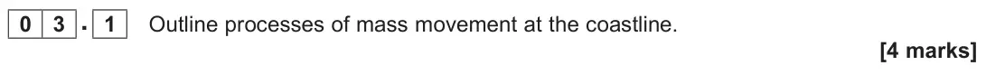 June 2023 Paper 1, question 03.1: Outline processes of mass movement at the coastline. [4 marks]