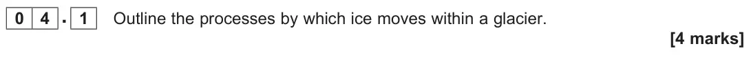 June 2023 Paper 1, question 04.1: Outline the processes by which ice moves within a glacier. [4 marks]