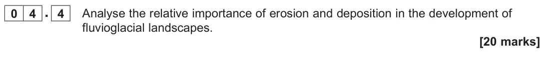June 2023 Paper 1, question 04.4: Analyse the relative importance of erosion and deposition in the development of fluvioglacial landscapes. [20 marks]