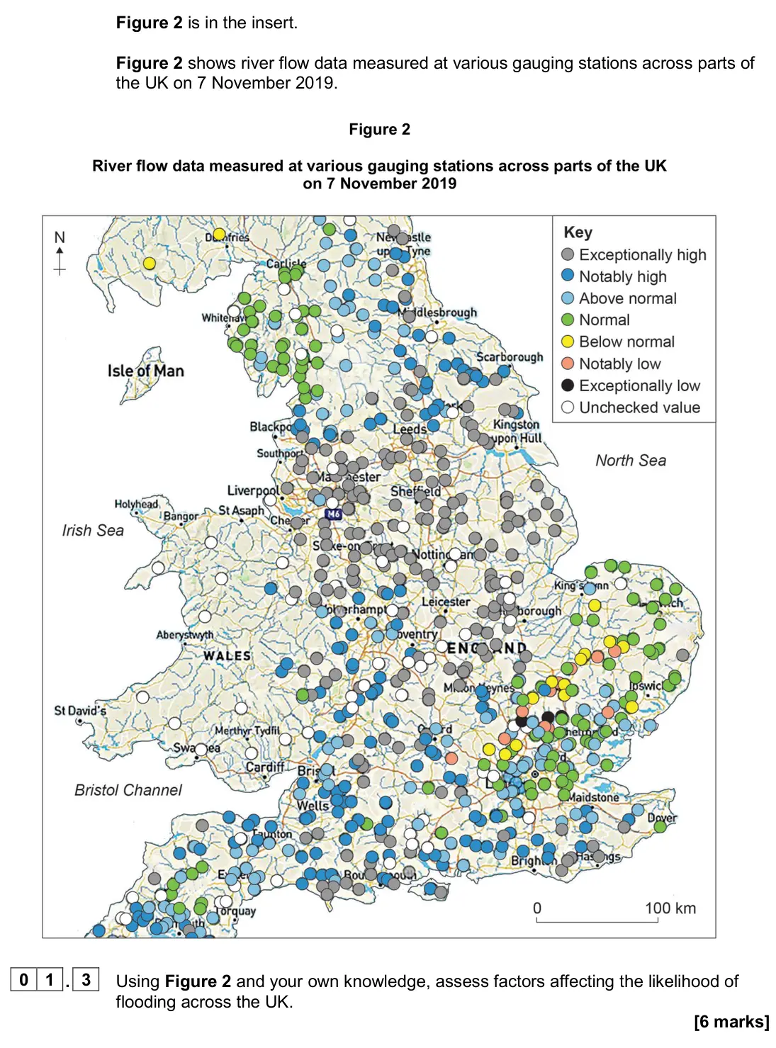 June 2024 Paper 1, question 01.3: Using Figure 2 and your own knowledge, assess factors affecting the likelihood of flooding across the UK. [6 marks]
