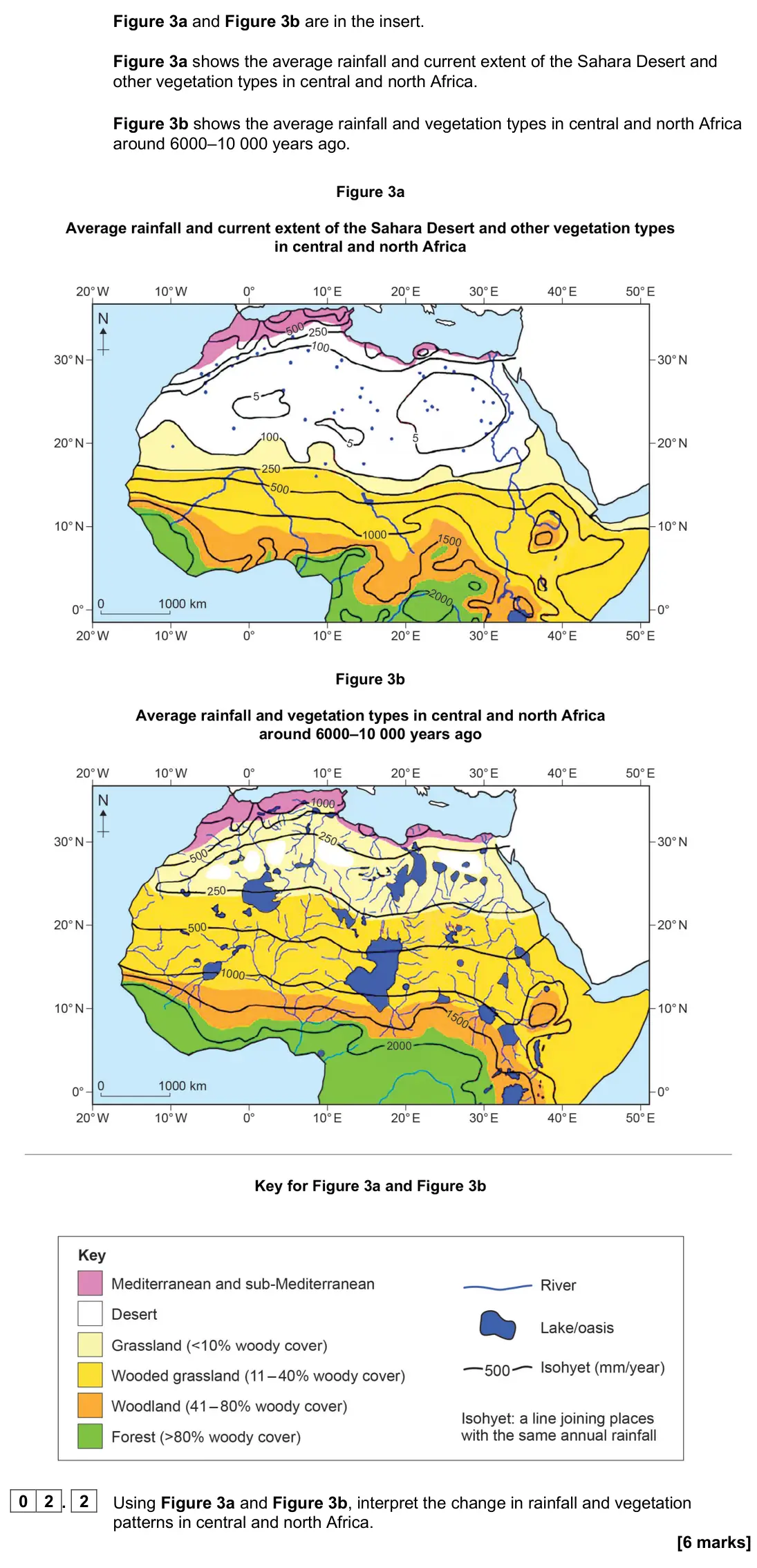 June 2024 Paper 1, question 02.2: Using Figure 3a and Figure 3b, interpret the change in rainfall and vegetation patterns in central and north Africa. [6 marks]