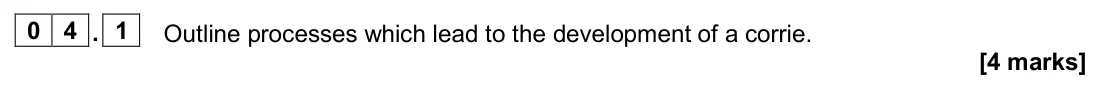 June 2024 Paper 1, question 04.1: Outline processes which lead to the development of a corrie. [4 marks]
