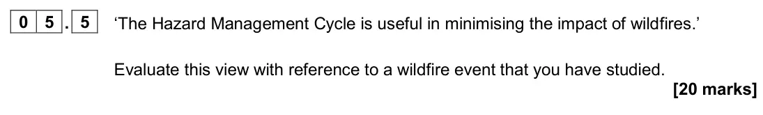 June 2024 Paper 1, question 05.5: ‘The Hazard Management Cycle is useful in minimising the impact of wildfires.’ Evaluate this view with reference to a wildfire event that you have studied. [20