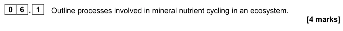 June 2024 Paper 1, question 06.1: Outline processes involved in mineral nutrient cycling in an ecosystem. [4 marks]