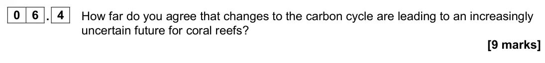 June 2024 Paper 1, question 06.4: How far do you agree that changes to the carbon cycle are leading to an increasingly uncertain future for coral reefs? [9 marks]