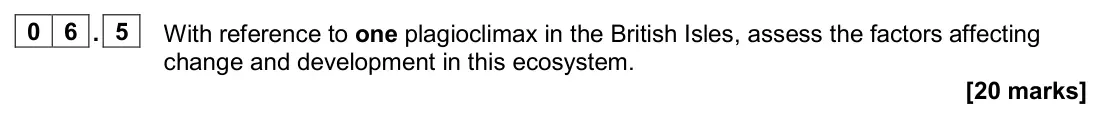 June 2024 Paper 1, question 06.5: With reference to one plagioclimax in the British Isles, assess the factors affecting change and development in this ecosystem. [20 marks]