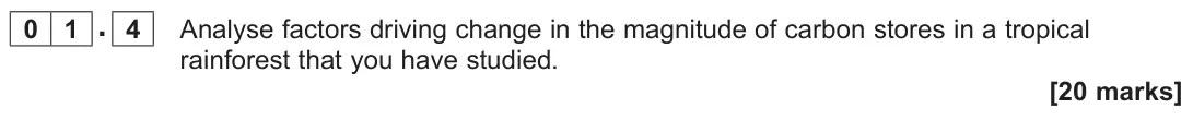 June 2025 Paper 1, question 01.4: Analyse factors driving change in the magnitude of carbon stores in a tropical rainforest that you have studied. [20 marks]