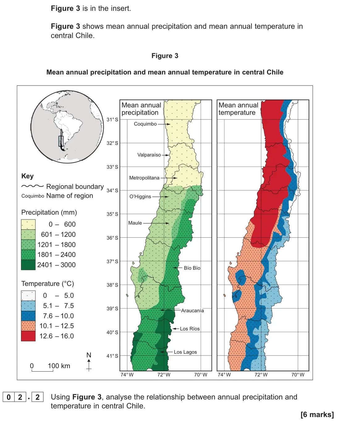 June 2025 Paper 1, question 02.2: Using Figure 3, analyse the relationship between annual precipitation and temperature in central Chile. [6 marks]