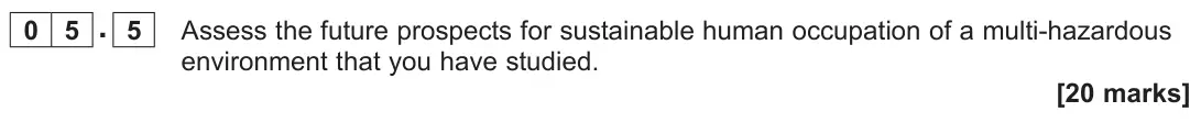 June 2025 Paper 1, question 05.5: Assess the future prospects for sustainable human occupation of a multi-hazardous environment that you have studied. [20 marks]