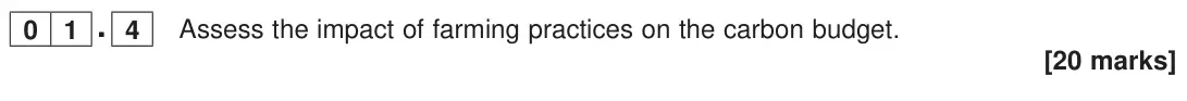 November 2020 Paper 1, question 01.4: Assess the impact of farming practices on the carbon budget. [20 marks]