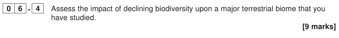 November 2020 Paper 1, question 06.4: Assess the impact of declining biodiversity upon a major terrestrial biome that you have studied. [9 marks]