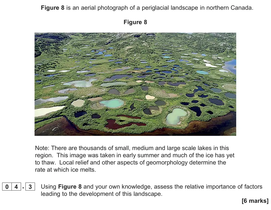 November 2021 Paper 1, question 04.3: Using Figure 8 and your own knowledge, assess the relative importance of factors leading to the development of this landscape. [6 marks]
