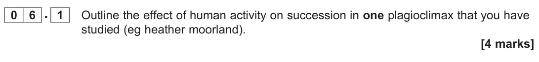 November 2021 Paper 1, question 06.1: Outline the effect of human activity on succession in one plagioclimax that you have studied (eg heather moorland). [4 marks]