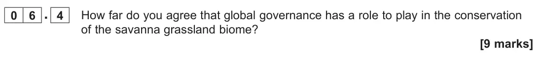 November 2021 Paper 1, question 06.4: How far do you agree that global governance has a role to play in the conservation of the savanna grassland biome? [9 marks]