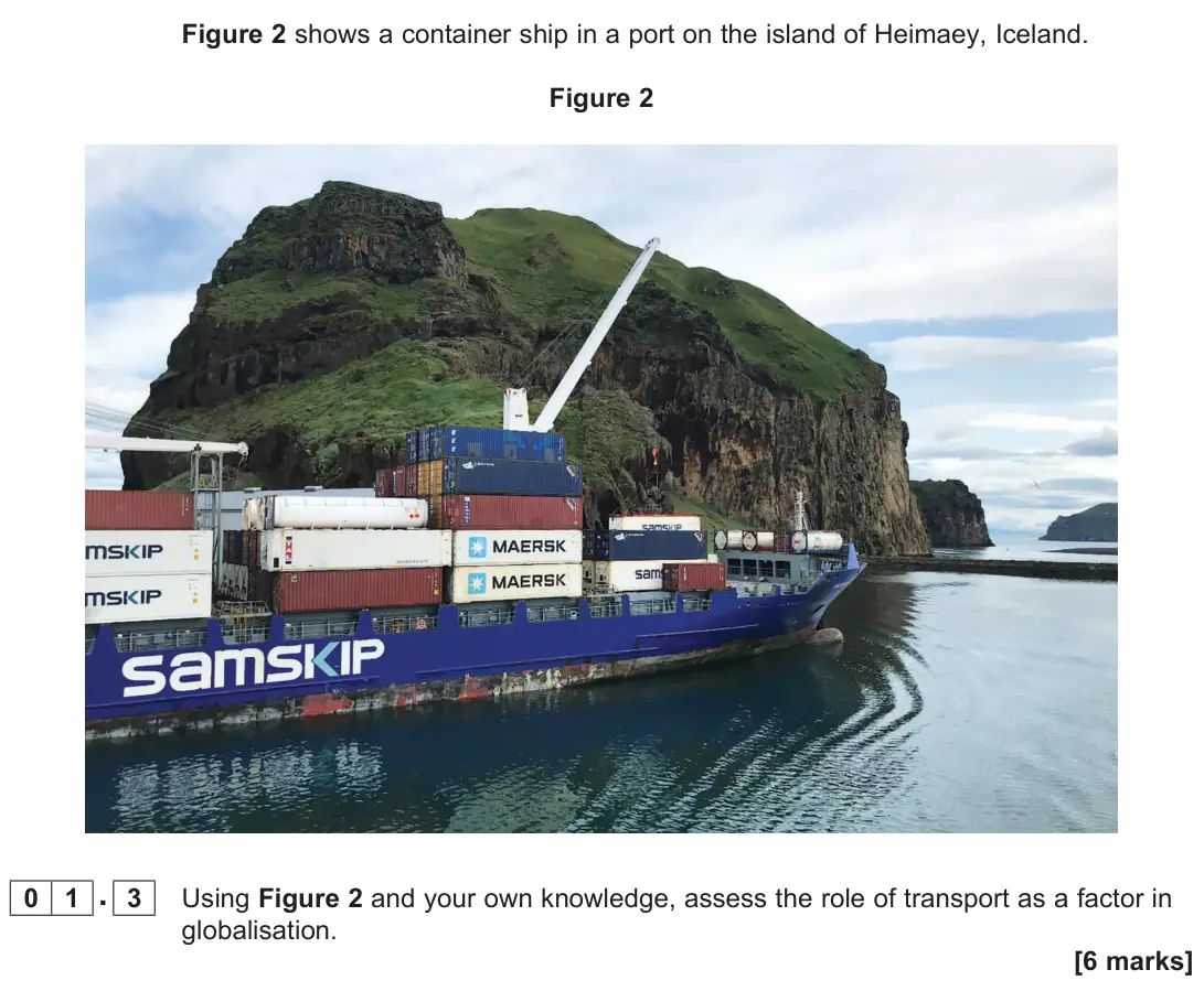 June 2022 Paper 2, question 01.3: Using Figure 2 and your own knowledge, assess the role of transport as a factor in globalisation. [6 marks]