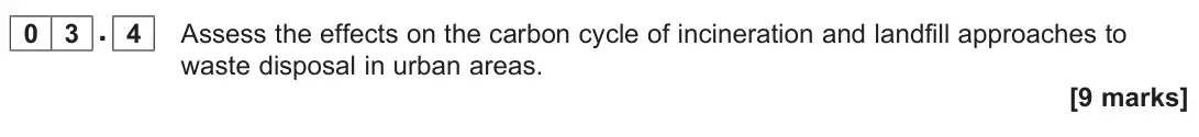 June 2022 Paper 2, question 03.4: Assess the effects on the carbon cycle of incineration and landfill approaches to waste disposal in urban areas. [9 marks]