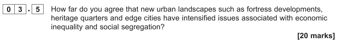 June 2022 Paper 2, question 03.5: How far do you agree that new urban landscapes such as fortress developments, heritage quarters and edge cities have intensified issues associated with economic