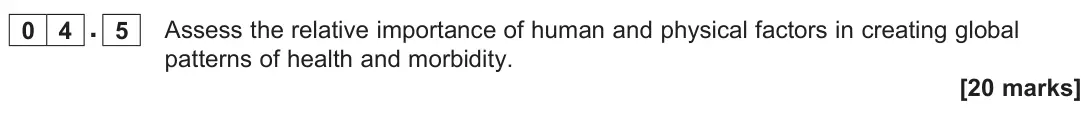 June 2022 Paper 2, question 04.5: Assess the relative importance of human and physical factors in creating global patterns of health and morbidity. [20 marks]