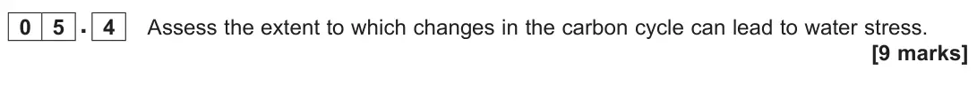 June 2022 Paper 2, question 05.4: Assess the extent to which changes in the carbon cycle can lead to water stress. [9 marks]
