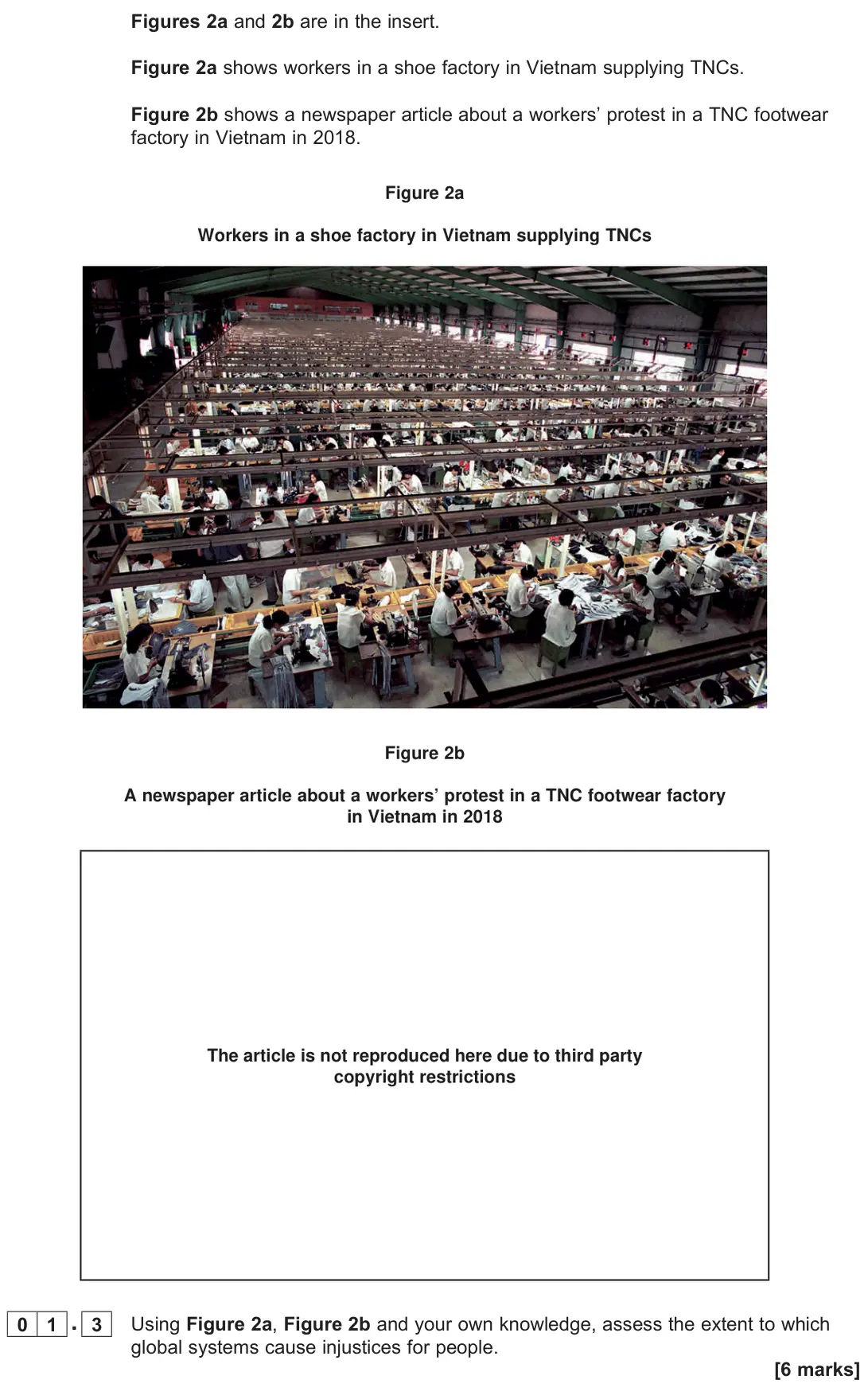 June 2023 Paper 2, question 01.3: Using Figure 2a, Figure 2b and your own knowledge, assess the extent to which global systems cause injustices for people. [6 marks]