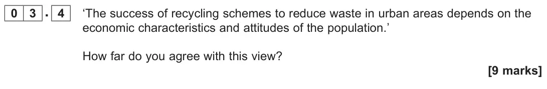 June 2023 Paper 2, question 03.4: ‘The success of recycling schemes to reduce waste in urban areas depends on the economic characteristics and attitudes of the population.’ How far do you agree