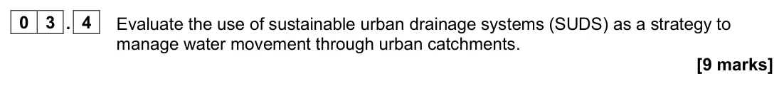 June 2024 Paper 2, question 03.4: Evaluate the use of sustainable urban drainage systems (SUDS) as a strategy to manage water movement through urban catchments. [9 marks]