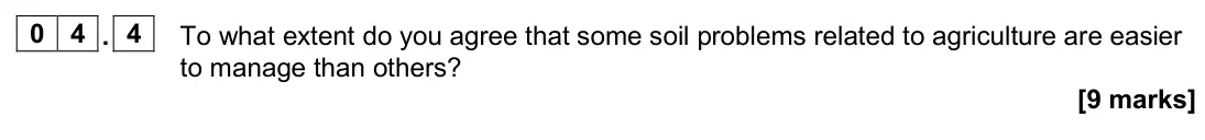 June 2024 Paper 2, question 04.4: To what extent do you agree that some soil problems related to agriculture are easier to manage than others? [9 marks]