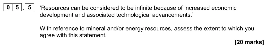 June 2024 Paper 2, question 05.5: ‘Resources can be considered to be infinite because of increased economic development and associated technological advancements.’ With reference to mineral and/