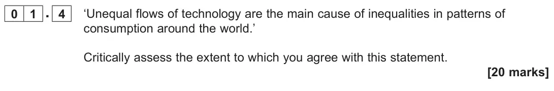 June 2025 Paper 2, question 01.4: ‘Unequal flows of technology are the main cause of inequalities in patterns of consumption around the world.’ Critically assess the extent to which you agree wi