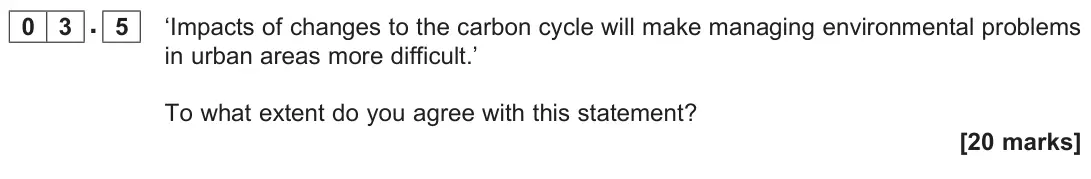 June 2025 Paper 2, question 03.5: ‘Impacts of changes to the carbon cycle will make managing environmental problems in urban areas more difficult.’ To what extent do you agree with this statemen