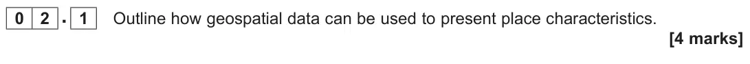 November 2020 Paper 2, question 02.1: Outline how geospatial data can be used to present place characteristics. [4 marks]