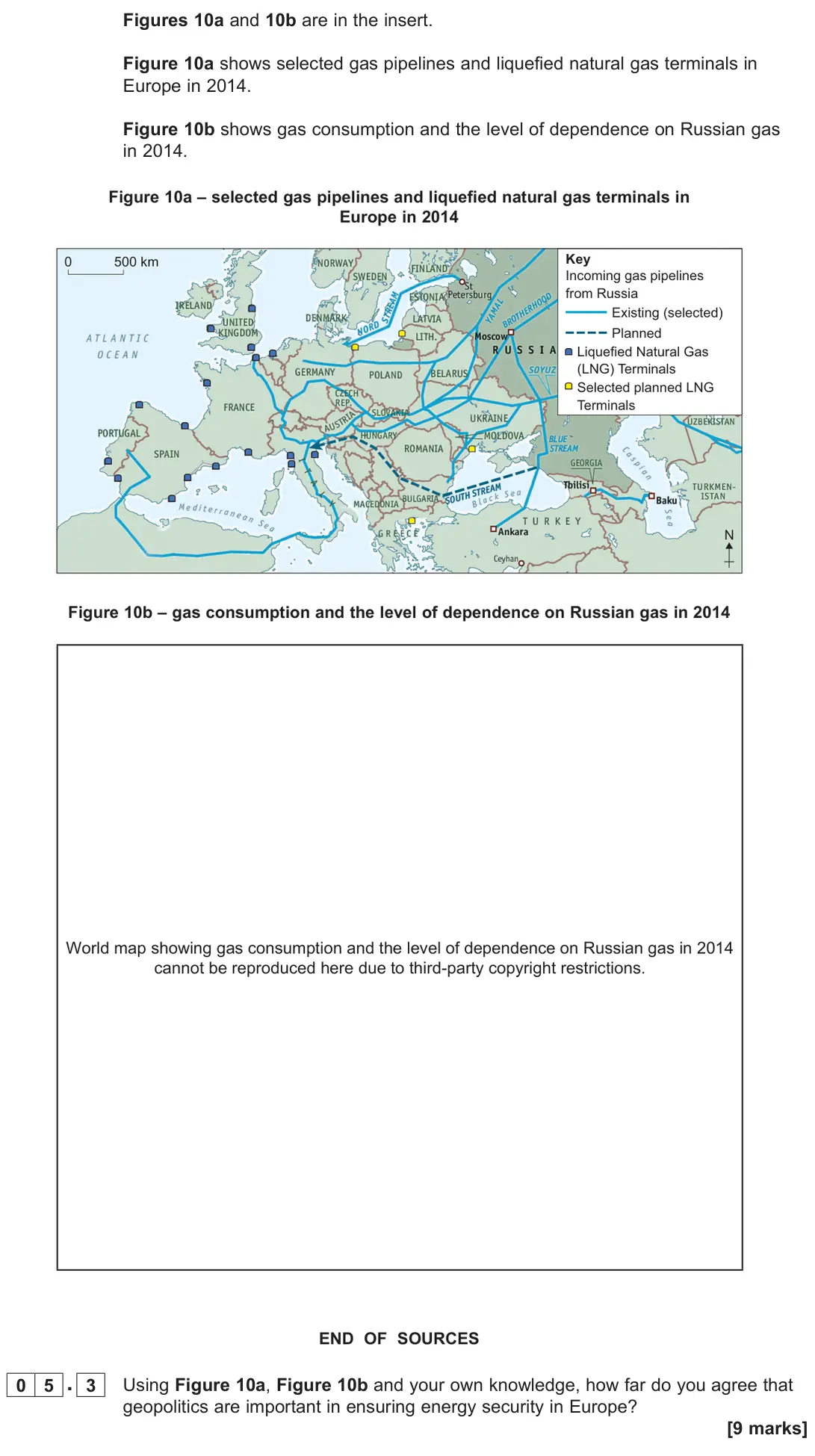 November 2020 Paper 2, question 05.3: Using Figure 10a, Figure 10b and your own knowledge, how far do you agree that geopolitics are important in ensuring energy security in Europe? [9 marks]