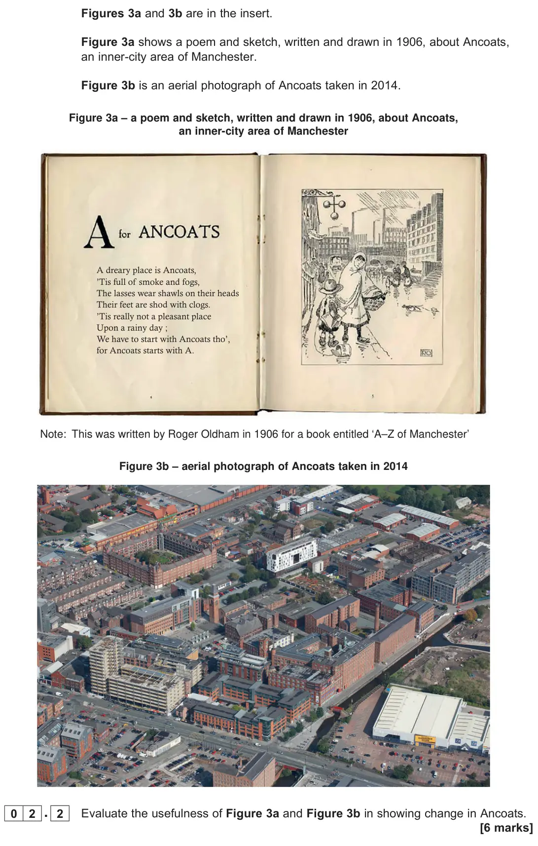 November 2021 Paper 2, question 02.2: Evaluate the usefulness of Figure 3a and Figure 3b in showing change in Ancoats. [6 marks]